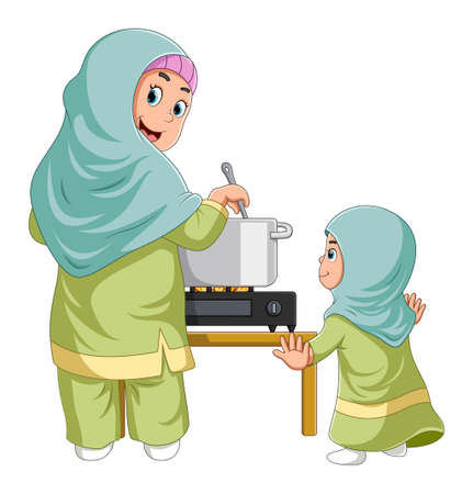 The mother is cooking and stringing the pail with the girl of illustrationのイラスト素材