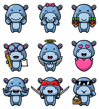 The collection of the hippopotamus with different expression mascot bundle set of illustrationのイラスト素材