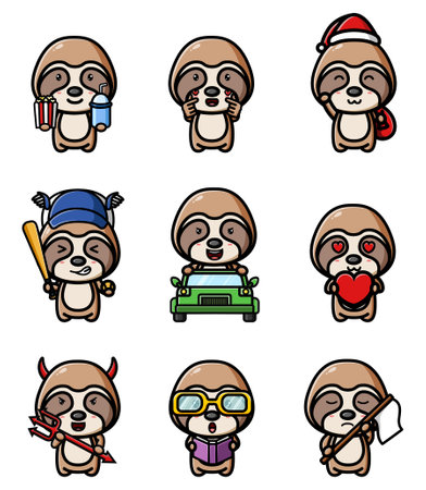 The collection of the cute sloth with for the baby card mascot bundle set of illustrationのイラスト素材