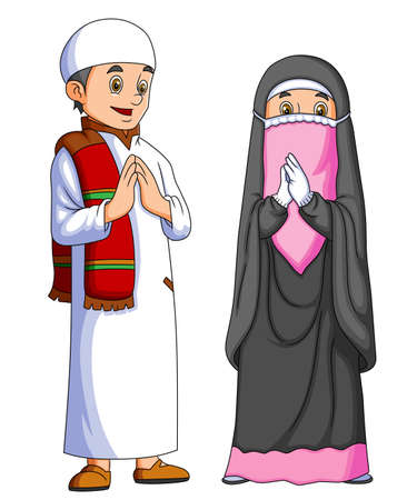 The couple with the girl with the niqab giving the greetings of illustrationのイラスト素材