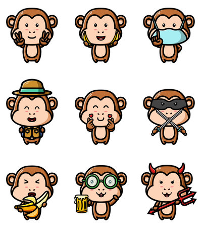 The cute collection of the monkey with the different poses mascot bundle set of illustrationのイラスト素材