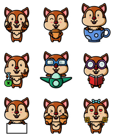 The collection of the happy squirrel with the different poses mascot bundle set of illustrationのイラスト素材
