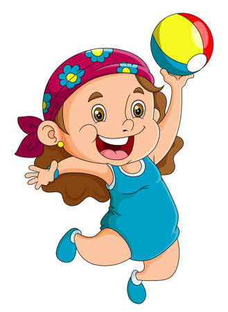 The girl is playing volleyball in the summer festival of illustrationのイラスト素材
