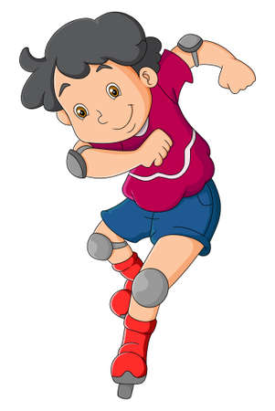 The active boy is playing a roller skate with a safety equipment of illustrationのイラスト素材