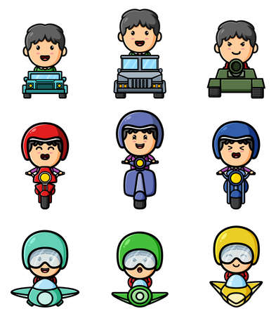 The boy using the different transportation mascot bundle set of illustrationのイラスト素材