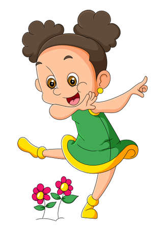 The cute girl is dancing and playing with the flowers of illustrationのイラスト素材