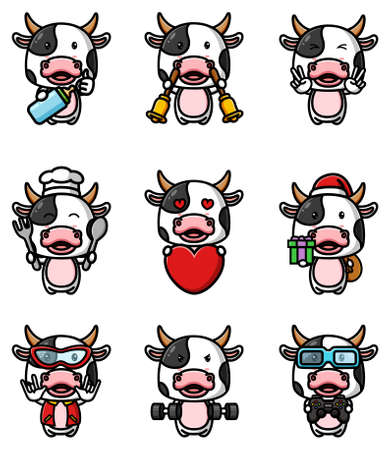 The cool cow with the many expression mascot bundle set of illustrationのイラスト素材