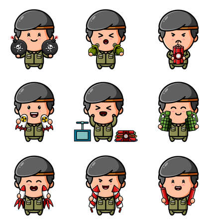 The collection of the mascot army boy with the rocket and bomb bundle set of illustrationのイラスト素材