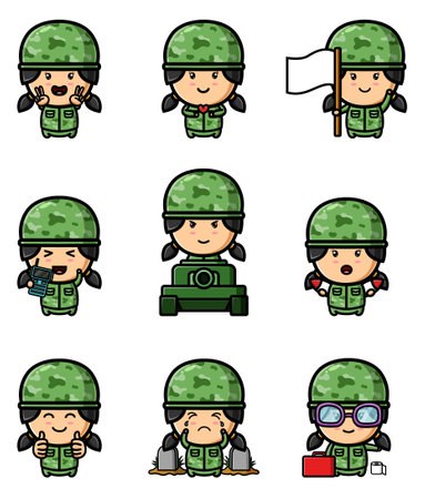 The cute army girl is wearing the green mottle uniform mascot bundle set of illustrationの素材 [FY310185992787]