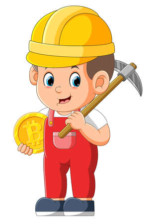 The mainer is holding the pick axe and holding the golden bitcoin of illustrationのイラスト素材