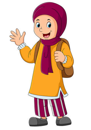 The muslim student girl is going to school and waving the hand of illustrationのイラスト素材
