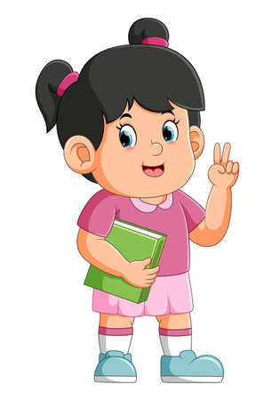 The little student girl is posing with giving a peace hand and holding the book of illustrationのイラスト素材