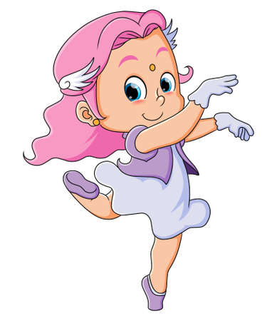 The little beautiful girl is doing the ballerina dance with the happy expression of illustrationのイラスト素材