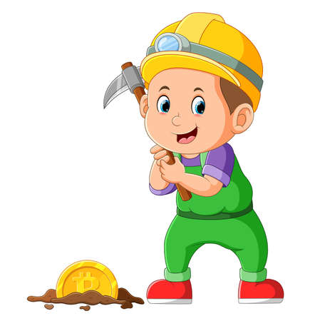 The mainer is digging and founding the bitcoin in the ground of illustrationのイラスト素材