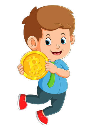 The employee is showing the big golden bitcoin for investment of illustrationのイラスト素材
