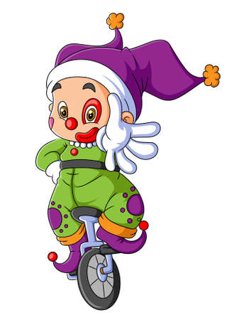 The happy clown boy is cycling with the one wheels of illustrationのイラスト素材