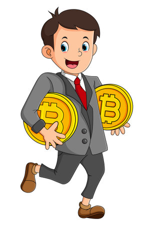 The worker boy is walking and so happy while holding two bitcoins of illustrationのイラスト素材