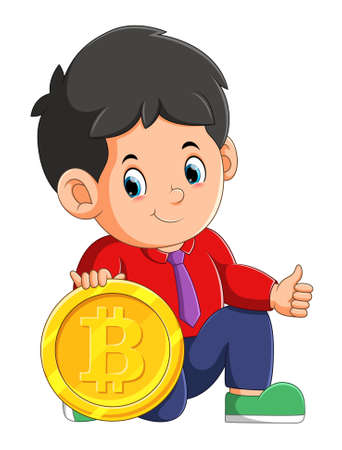 The man is sitting beside the bitcoins and giving the thumb up of illustrationのイラスト素材