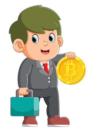 The office boy is bringing the bitcoin and his bag of illustrationのイラスト素材