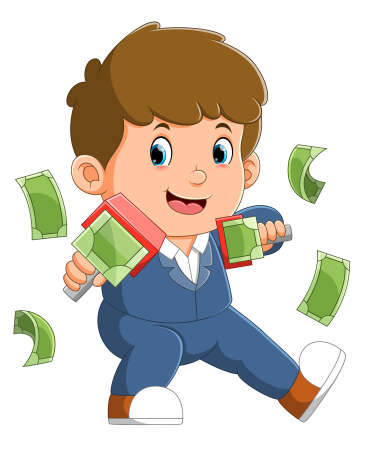 The little boy is spreading money with tools of illustrationのイラスト素材