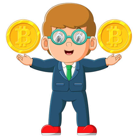 The office boy is very happy to have two big bitcoin on his hand of illustrationのイラスト素材