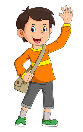 The happy boy is ready for school and waving the hand of illustrationのイラスト素材