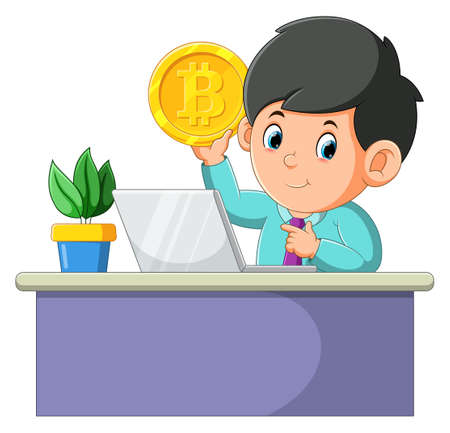 The worker boy is having bitcoin and invest more of illustrationのイラスト素材