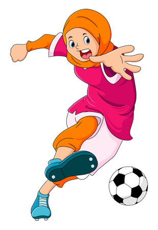 The hijab girl is playing football and kicking the ball of illustrationのイラスト素材