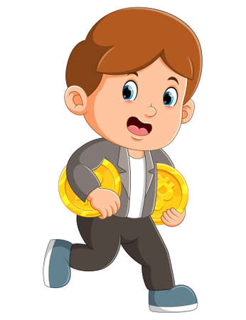 The boy is running quickly while holding two bitcoins of illustrationのイラスト素材