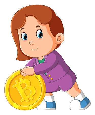 The beautiful girl is posing with a big bitcoin on her hand of illustrationのイラスト素材