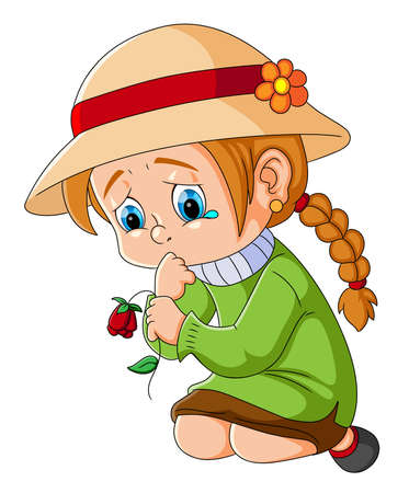 The little girl is feeling so sad and worried because of flowers wither of illustrationのイラスト素材