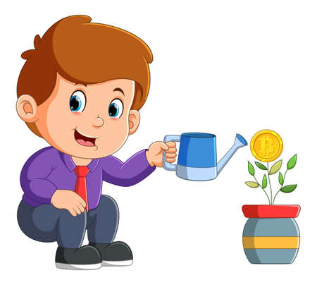 The boy is planting the bitcoin plant and watering it of illustrationのイラスト素材