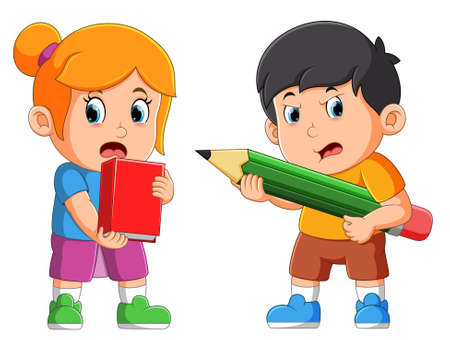 The boy and girl is holding the school stationary and fight with it of illustrationのイラスト素材