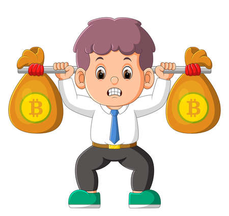 The man is lifting the two sack of bitcoins of illustrationのイラスト素材