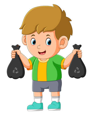 The boy is holding the two recycle sack of the trash of illustrationのイラスト素材