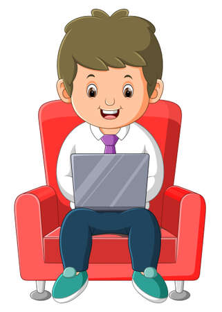 The officer man is working and playing the laptop in the sofa of illustrationのイラスト素材