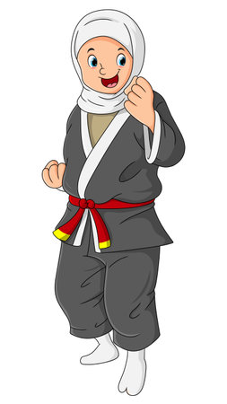 The hijab girl is doing a karate with a defense position of illustrationのイラスト素材