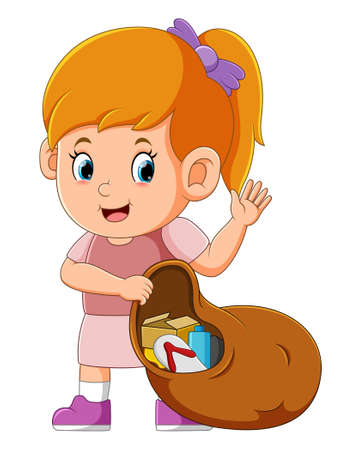 The girl is cleaning and collecting the trash into the sack of illustrationのイラスト素材
