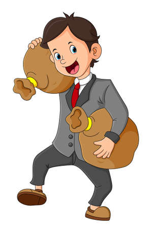 The office boy is holding two money bags and will be rich of illustrationのイラスト素材
