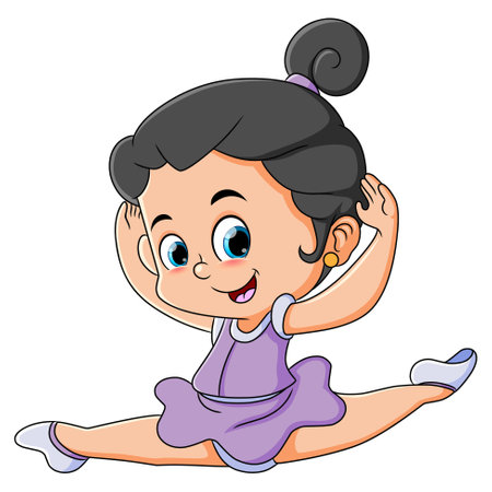 The cute ballerina girl is jumping and raising the hand for the best performance of illustrationのイラスト素材