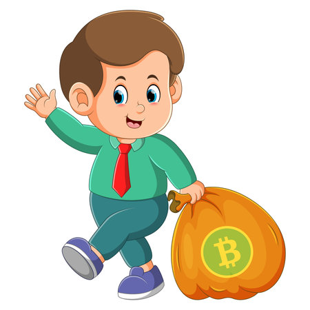 The employee is pulling sack of bitcoins for saving in the bank of illustrationのイラスト素材