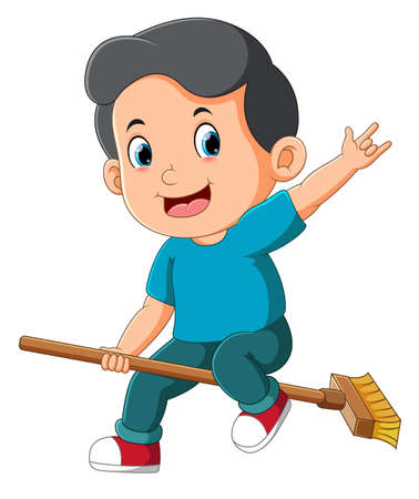 The boy is riding the broom and playing in the classroom of illustrationのイラスト素材