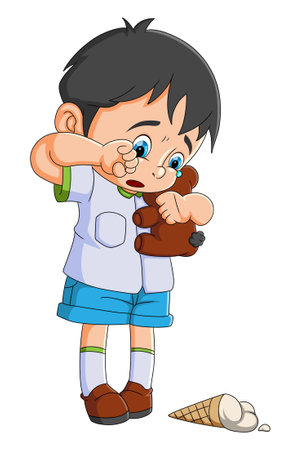 The boy is crying because of the ice cream fall of illustrationのイラスト素材