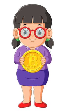 The little girl is holding and showing the golden bitcoin for saving of illustrationのイラスト素材