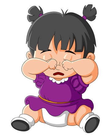 The little baby girl is sitting and crying and giving the sad expression of illustrationのイラスト素材