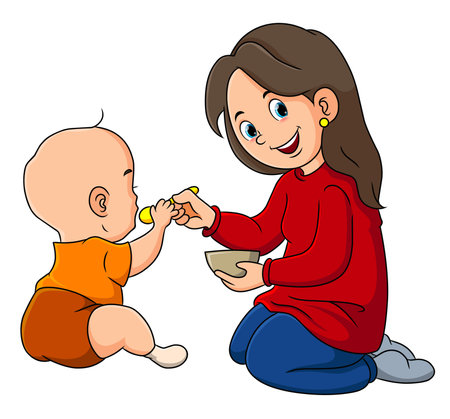 The mother is feeding her child while sitting of illustrationのイラスト素材