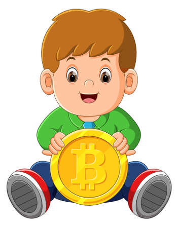 The little boy is sitting and playing with the one big bitcoin of illustrationのイラスト素材