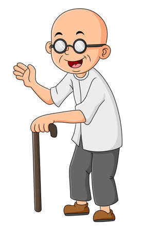 The bald grandfather is using a walking stick and hand waving of illustrationのイラスト素材