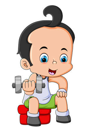 The little boy is lifting a small barbell while sitting of illustrationのイラスト素材