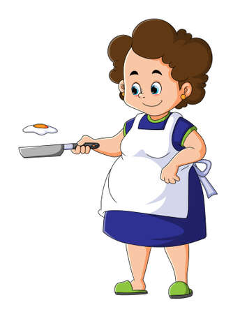 The mother is cooking the egg with the pan in the kitchen of illustrationのイラスト素材
